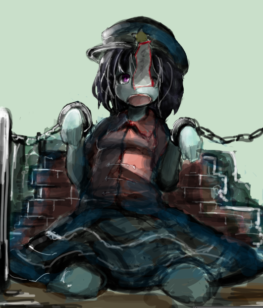 1girl beret black_hair blue_skin chains chinese_clothes cuffs female jiangshi kamindani miyako_yoshika open_mouth shackles solo touhou violet_eyes zombie zombie_girl