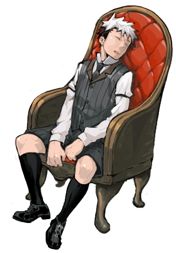 1boy black_legwear male_focus multicolored_hair naop open_mouth pinstripe_pattern pinstripe_suit red_upholstery sitting sleeping socks solo striped suit tufted_upholstery vest young