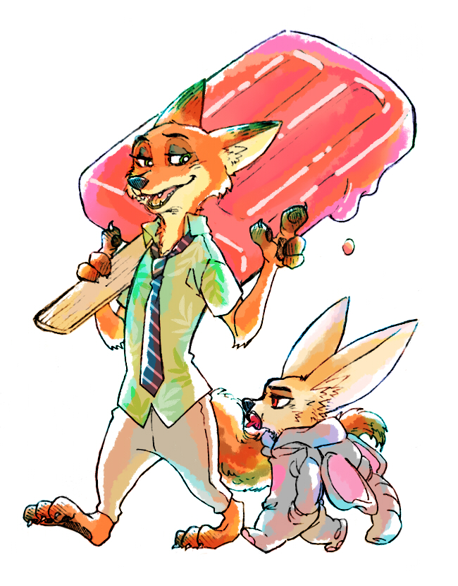 animal_costume artist_request carrying disney elephant_costume finnick_(zootopia) fox furry hands_in_pockets necktie nick_wilde no_humans oversized pacifier popsicle simple_background walking white_background zootopia