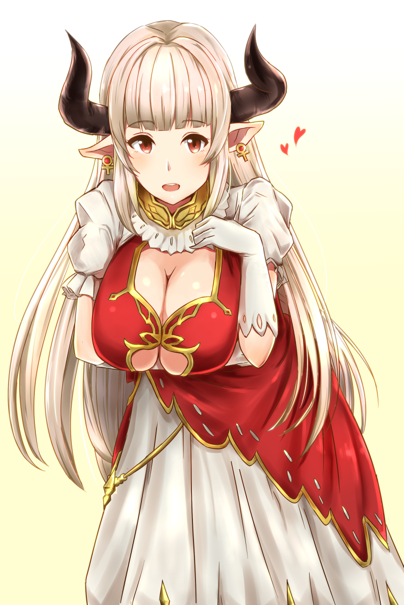 1girl alicia_(granblue_fantasy) breast_hold breasts cleavage cow_girl cow_horns dress earrings female gloves gradient gradient_background granblue_fantasy horns large_breasts leaning_forward long_hair long_skirt looking_at_viewer open_mouth pointy_ears rasen_ou red_eyes silver_hair simple_background skirt solo standing under_boob very_long_hair white_glvoes