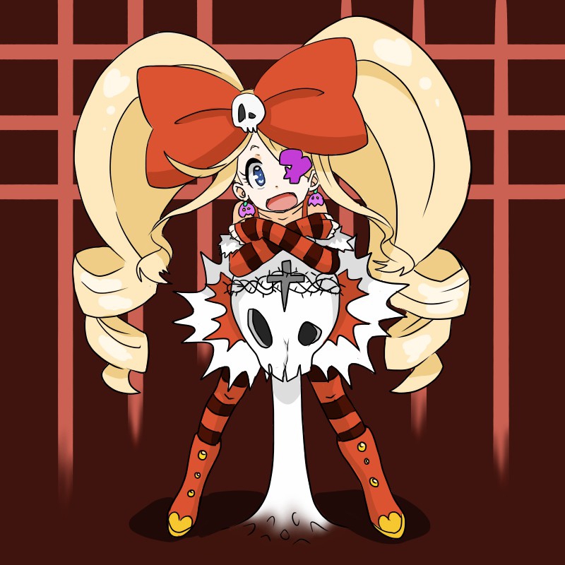 1girl bare_shoulders boots bow dress drill_hair earrings eyepatch hair_bow halloween harime_nui kill_la_kill skull twin_drills twintails
