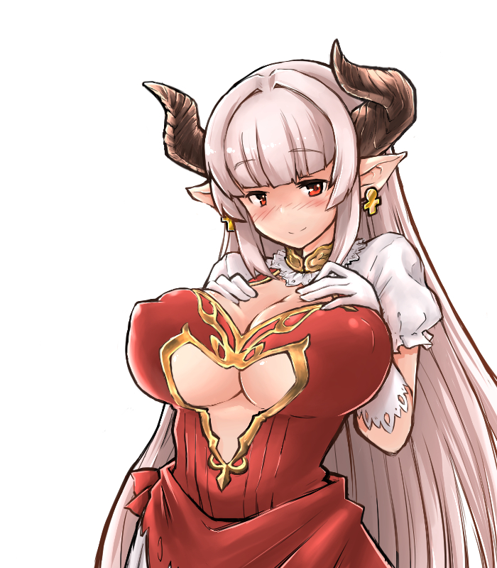 1girl alicia_(granblue_fantasy) blush breasts cleavage cow_girl cow_horns dress earrings female gloves granblue_fantasy horns huge_breasts long_hair looking_at_viewer pointy_ears rasen_ou red_eyes silver_hair simple_background solo standing under_boob upper_body white_background white_gloves
