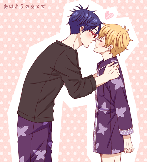 2boys free! glasses hazuki_nagisa kiss male_focus multiple_boys pajamas ryuugazaki_rei tagme