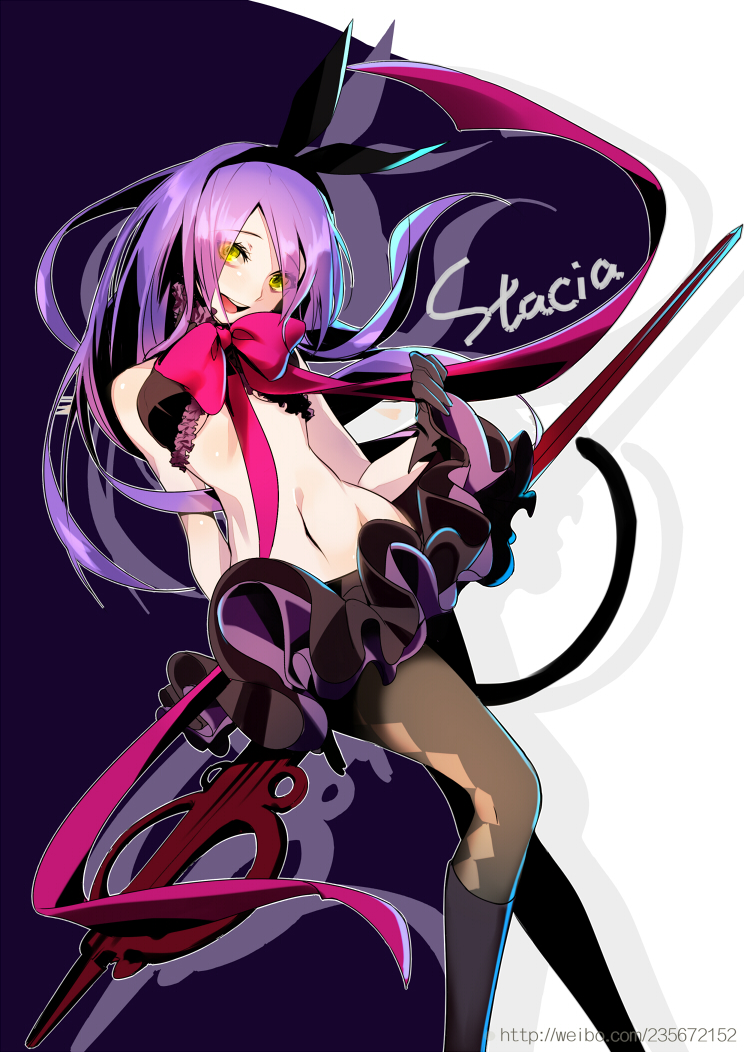 1girl aki663 argyle argyle_legwear bare_shoulders black_gloves bow breasts cat_tail character_name frilled_skirt frills gloves hair_bow hairband long_hair looking_at_viewer midriff navel open_mouth pantyhose purple_hair scissors skirt skirt_lift smile solo stacia_(unlight) tail under_boob unlight watermark web_address yellow_eyes