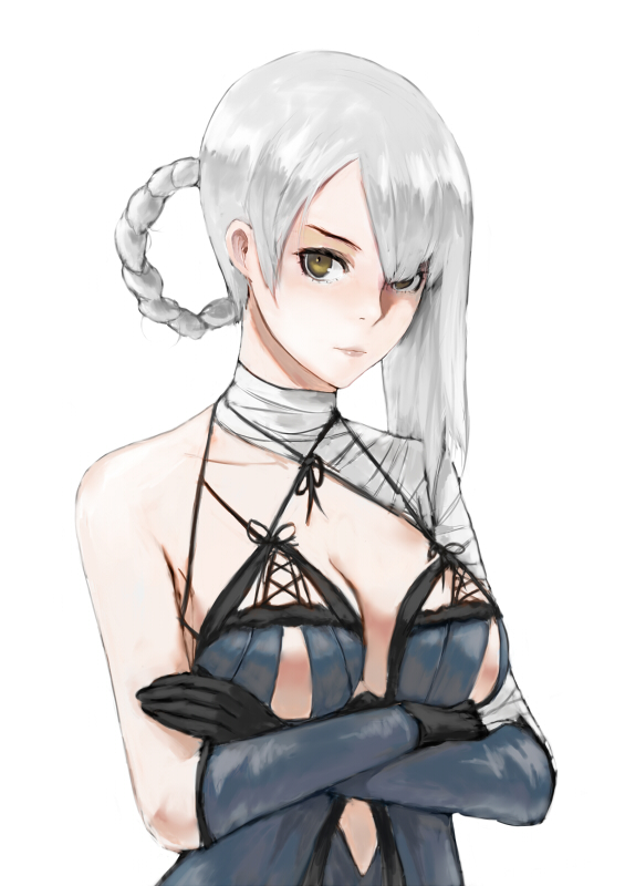 1girl bandaged_arm black_gloves breasts brown_eyes cleavage closed_mouth crossed_arms drag-on_dragoon gloves hair_over_one_eye hair_rings kaine_(nier) looking_at_viewer medium_breasts nier quentin_lecuiller short_hair_with_long_locks silver_hair simple_background solo strap_gap upper_body white_background