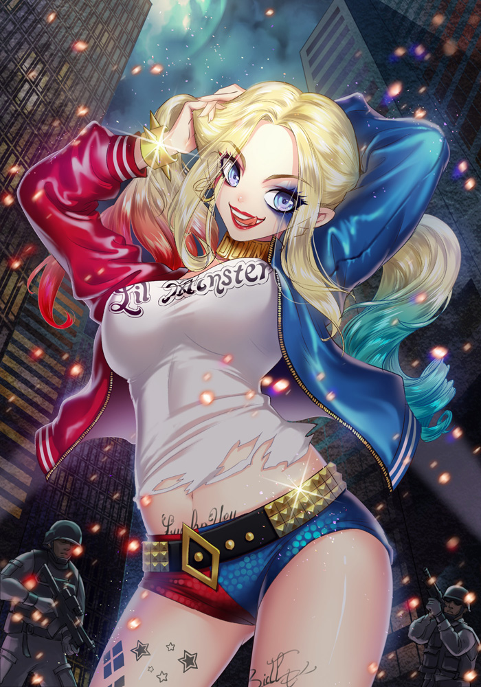 1girl batman_(series) belt blonde_hair blue_eyes blue_hair breasts dc_comics dccu harlequin_(pattern) harley_quinn jacket lipstick long_hair makeup midriff multicolored_hair naughty_face redhead sequins smile studded_belt suicide_squad tattoo tongue torn_clothes twintails