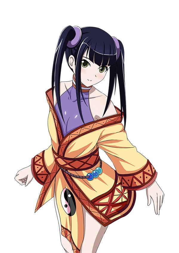 00s 1girl bare_shoulders black_hair collarbone female flat_chest green_eyes hair_ornament ikkitousen long_hair looking_at_viewer off_shoulder saji_genpou_(true) simple_background smile solo twintails white_background yellow_eyes yin_yang