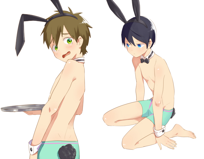 2boys bunny_tail free! high_speed! male_focus multiple_boys nanase_haruka_(free!) rabbit_ears swim_trunks tail younger