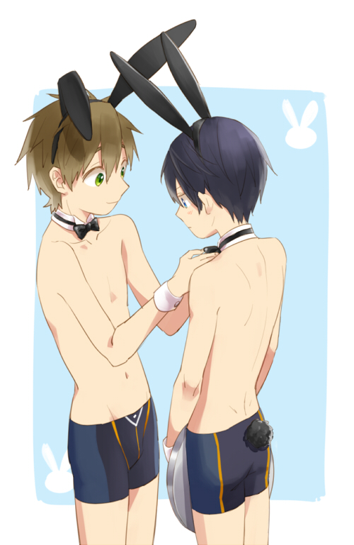 2boys bunny_tail high_speed! male_focus multiple_boys nanase_haruka_(free!) rabbit_ears swim_trunks tachibana_makoto tail topless