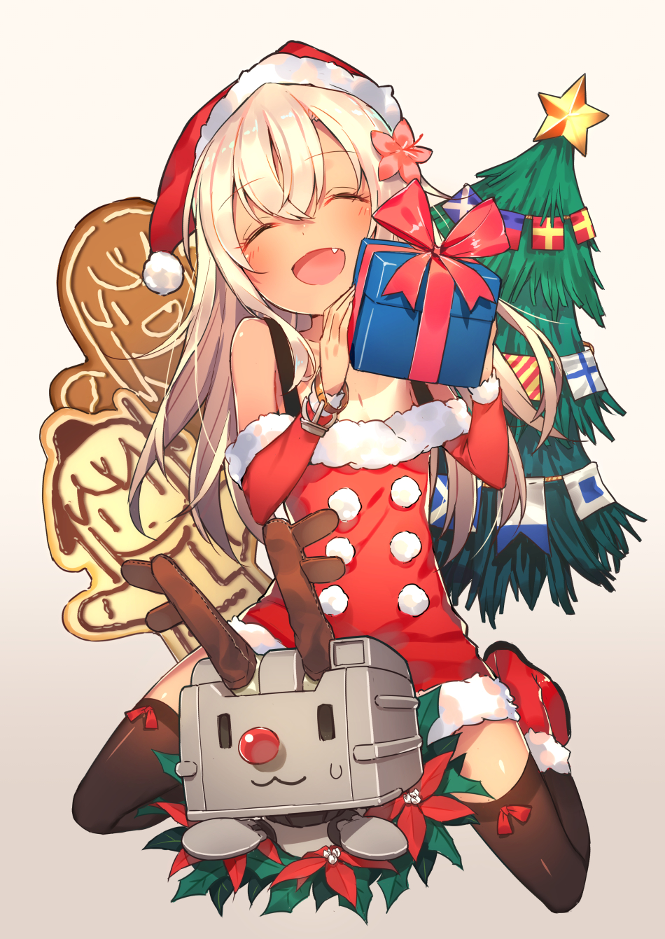1girl alternate_costume blonde_hair blush boots box christmas_tree closed_eyes detached_sleeves fang flower fur_trim gift gift_box hair_flower hair_ornament hat highres holding holding_gift kantai_collection kneeling long_hair merry_christmas moriki one-piece_tan open_mouth red_boots rensouhou-chan ro-500_(kantai_collection) santa_costume santa_hat smile solo tan tanline thigh-highs