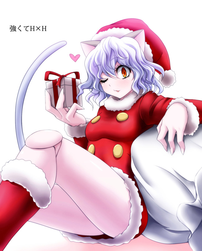 1girl cat_tail hunter_x_hunter nefelpitou santa_costume short_hair solo tail watarui white_hair