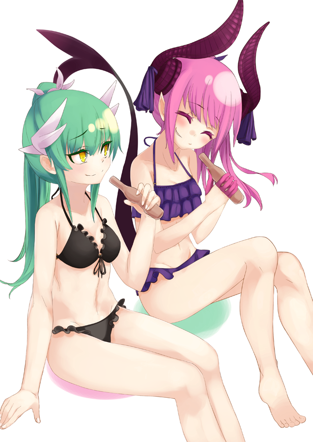 2girls bikini black_bikini bottle breasts bugbook closed_eyes commentary_request curled_horns dragon_horns elizabeth_bathory_(fate) elizabeth_bathory_(fate)_(all) facing_another fate/extra fate/extra_ccc fate/grand_order fate_(series) green_hair holding holding_bottle horns kiyohime_(fate/grand_order) kiyohime_(swimsuit_lancer)_(fate) long_hair looking_at_another multiple_girls pink_hair pointy_ears ponytail purple_bikini sitting small_breasts smile swimsuit tail tail_raised white_background yellow_eyes