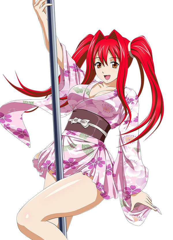 00s 1girl bare_legs breasts brown_eyes cleavage collarbone dance female hair_ornament ikkitousen japanese_clothes kanpei kimono large_breasts legs long_hair long_twintails looking_at_viewer open_mouth pole_dance pole_dancing redhead shiny shiny_skin short_kimono short_yukata simple_background smile solo twintails white_background yukata