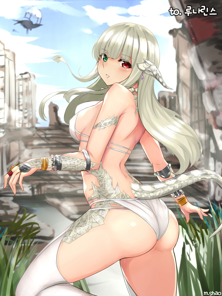 1girl artist_name ass au_ra back bangs bikini blue_sky blunt_bangs blush bracelet breasts clouds cloudy_sky day dragon_horns dragon_tail earrings eyebrows eyebrows_visible_through_hair final_fantasy final_fantasy_xiv grass green_eyes heterochromia horns jewelry knee_up long_hair looking_at_viewer looking_back medium_breasts outdoors parted_lips red_eyes ring scales shaojiang shiny shiny_hair sideboob silver_hair sky solo swimsuit tail teeth thigh-highs thighs white_bikini white_legwear