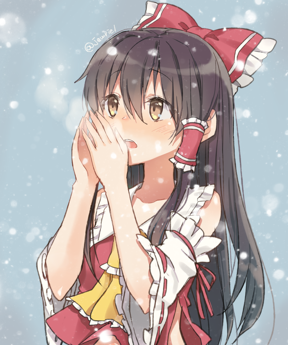 1girl ascot black_hair blue_background breathing_on_hands brown_eyes cold detached_sleeves hair_ribbon hair_tubes hakurei_reimu jewriel long_hair looking_to_the_side looking_up ribbon sketch snowing solo touhou twitter_username upper_body