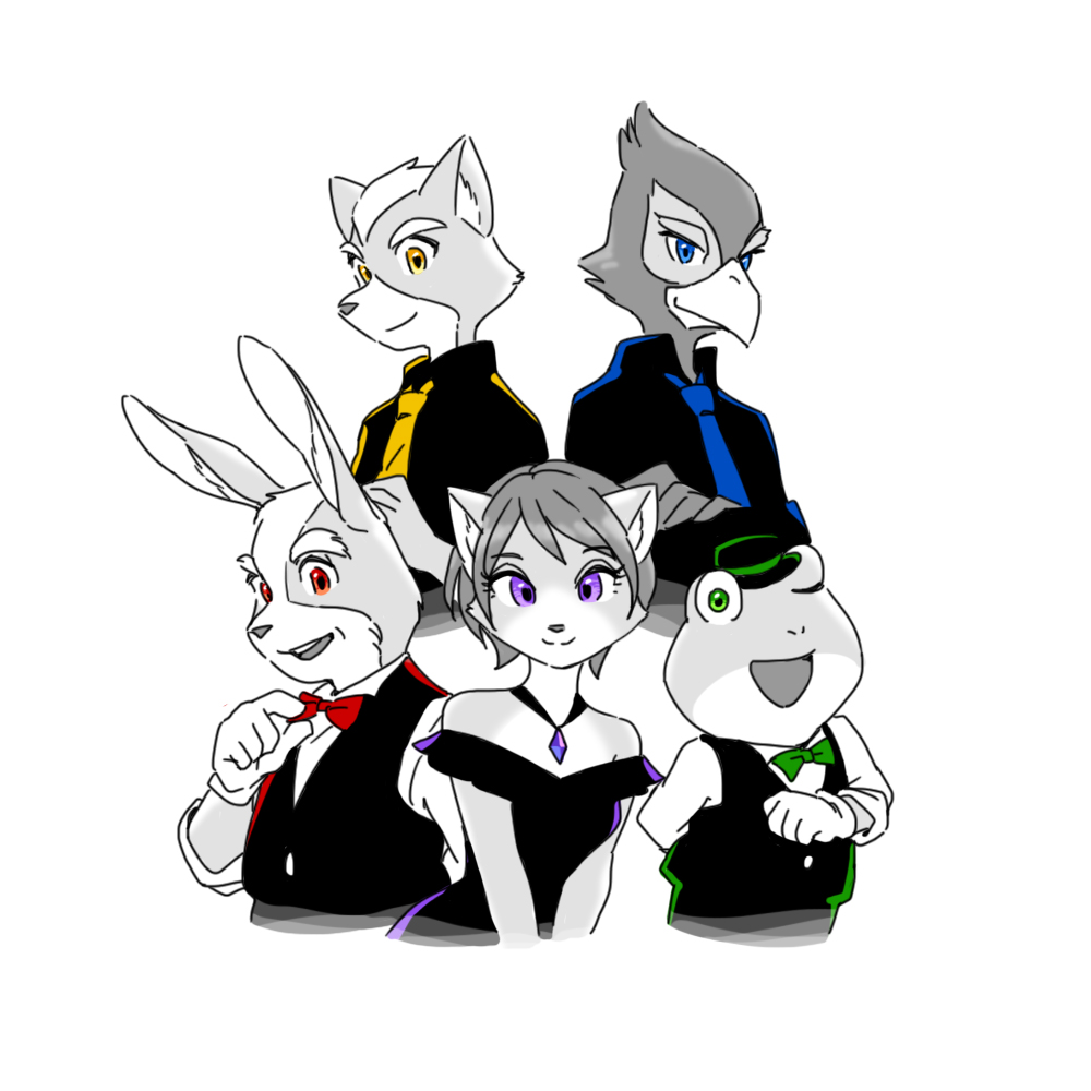 1girl 4boys dress falco_lombardi fox_mccloud furry group krystal monochrome multiple_boys multiple_monochrome nintendo peppy_hare slippy_toad star_fox suit white_background