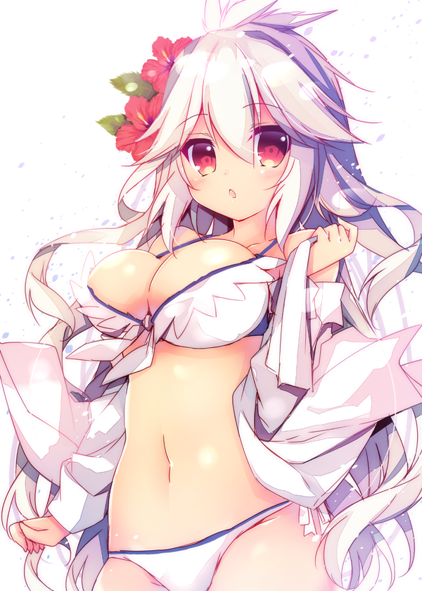 1girl :o ahoge bikini breasts cleavage dress_shirt eyebrows eyebrows_visible_through_hair flower granblue_fantasy hair_between_eyes hair_flower hair_ornament hand_up hibiscus large_breasts long_hair looking_at_viewer nanamomo_rio navel open_clothes open_mouth red_eyes red_flower shirt simple_background solo swimsuit the_order_grande white_background white_bikini white_hair white_shirt