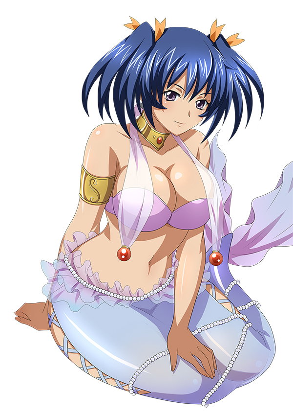 00s 1girl bare_shoulders bashoku_youjou blue_hair breasts cleavage female hair_ornament ikkitousen large_breasts legs looking_at_viewer mermaid monster_girl navel short_twintails sitting smile solo twintails violet_eyes