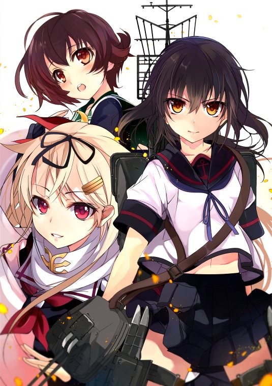 &gt;:| 3girls :o auburn_hair black_hair blonde_hair blush brown_eyes cannon commentary_request fubuki_(kantai_collection) hair_ornament hair_ribbon hairclip kantai_collection machinery multiple_girls mutsuki_(kantai_collection) neck_ribbon pleated_skirt red_eyes remodel_(kantai_collection) ribbon sailor_collar scarf shirokitsune skirt turret white_background yuudachi_(kantai_collection)