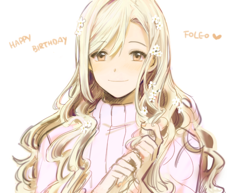 1boy blonde_hair blush edit fire_emblem fire_emblem_if flower foleo_(fire_emblem_if) hair_between_eyes hair_flower hair_ornament happy_birthday long_hair looking_at_viewer ribbed_sweater simple_background smile solo sophie_(693432) sweater trap turtleneck white_background yellow_eyes