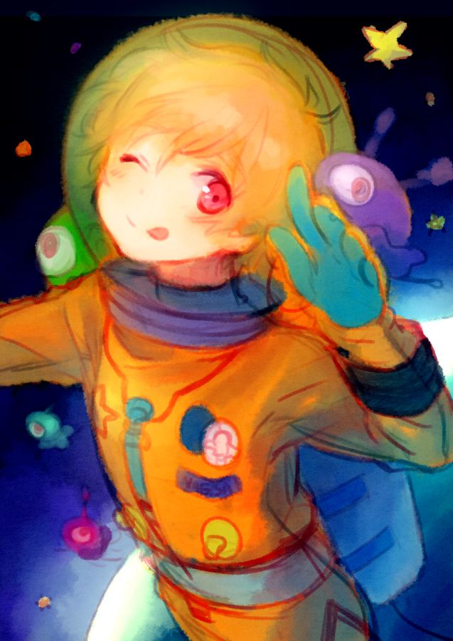 1boy :p astronaut blonde_hair free! hazuki_nagisa male_focus pink_eyes space tongue tongue_out wink