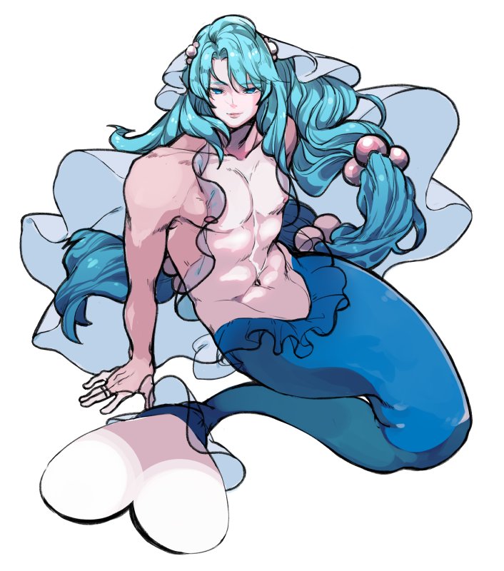1boy abs arm_support blue_eyes blue_hair collarbone eyebrows eyebrows_visible_through_hair fish_tail frills humanization long_hair looking_at_viewer male_focus merman monster_boy muscle navel nipples pokemon primarina see-through shihoran solo very_long_hair