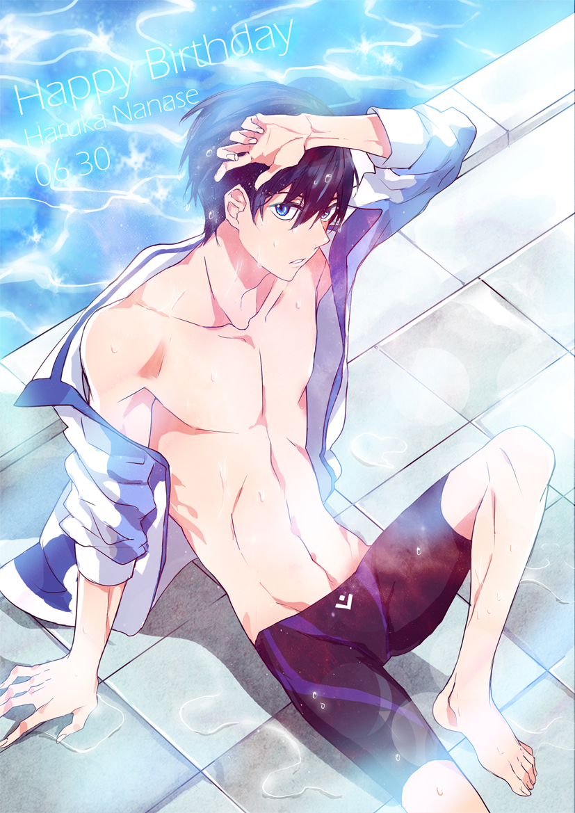 1boy barefoot black_hair blue_eyes free! male_focus nanase_haruka_(free!) swim_trunks wet