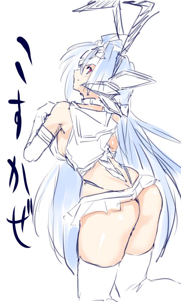 1girl animal_ears ass back breasts female huge_ass kos-mos large_breasts long_hair looking_at_viewer microskirt negresco shimakaze_(kantai_collection) shimakaze_(kantai_collection)_(cosplay) shiny sketch skirt solo thong xeno_(series) xenosaga