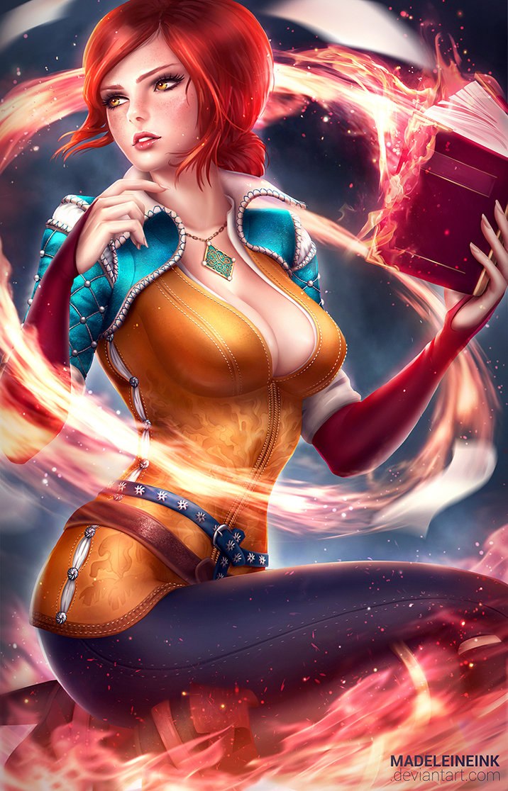 1girl book breasts cleavage female fire jewelry long_hair looking_away madeleineink necklace pants redhead solo the_witcher the_witcher_3 triss_merigold watermark