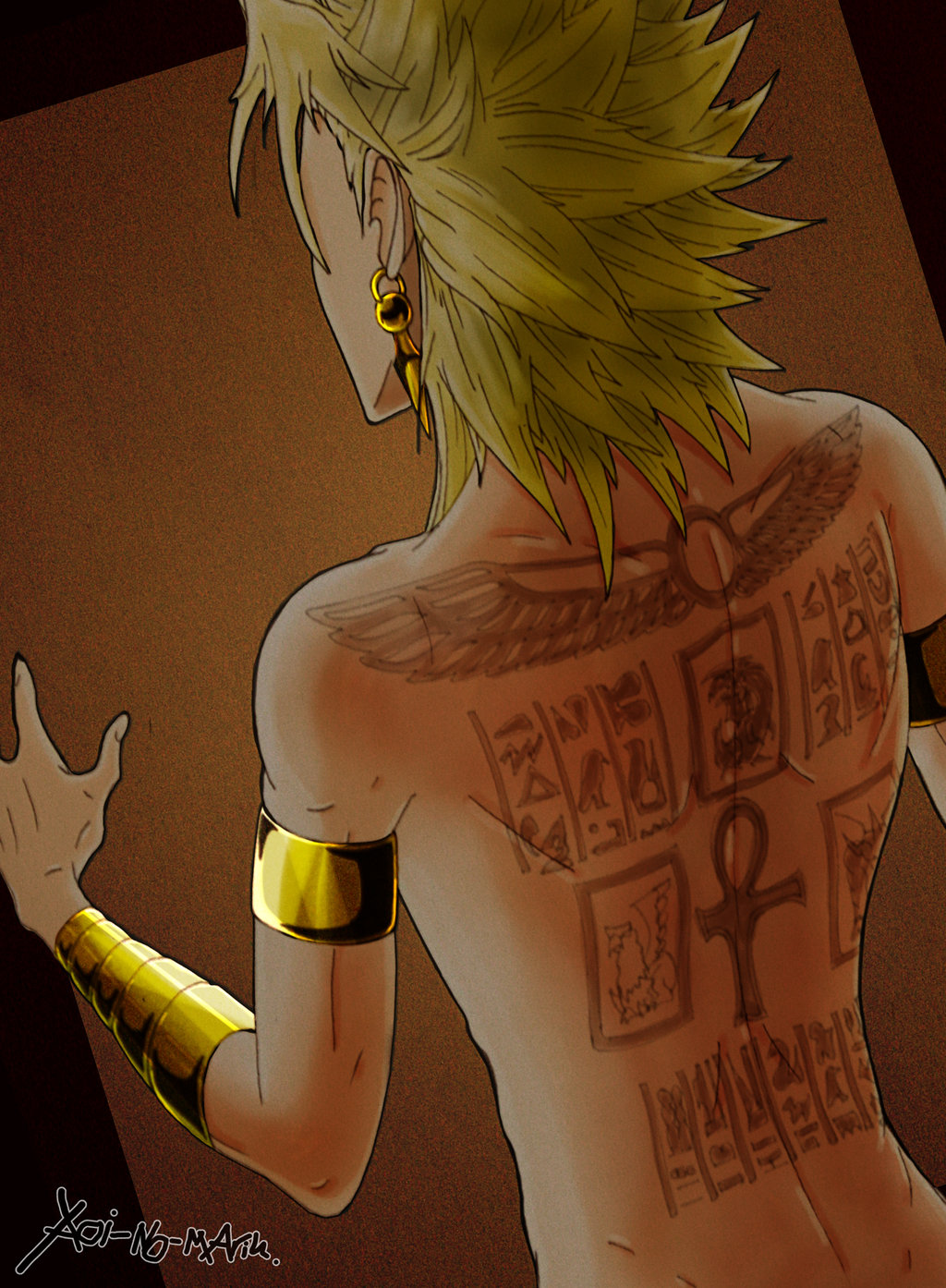 1boy armband blonde_hair earring egypt gradient gradient_background jewelry male_focus marik_ishtar scar shirtless short_hair solo tan tattoo upper_body wristband yami_marik yu-gi-oh! yuu-gi-ou_duel_monsters