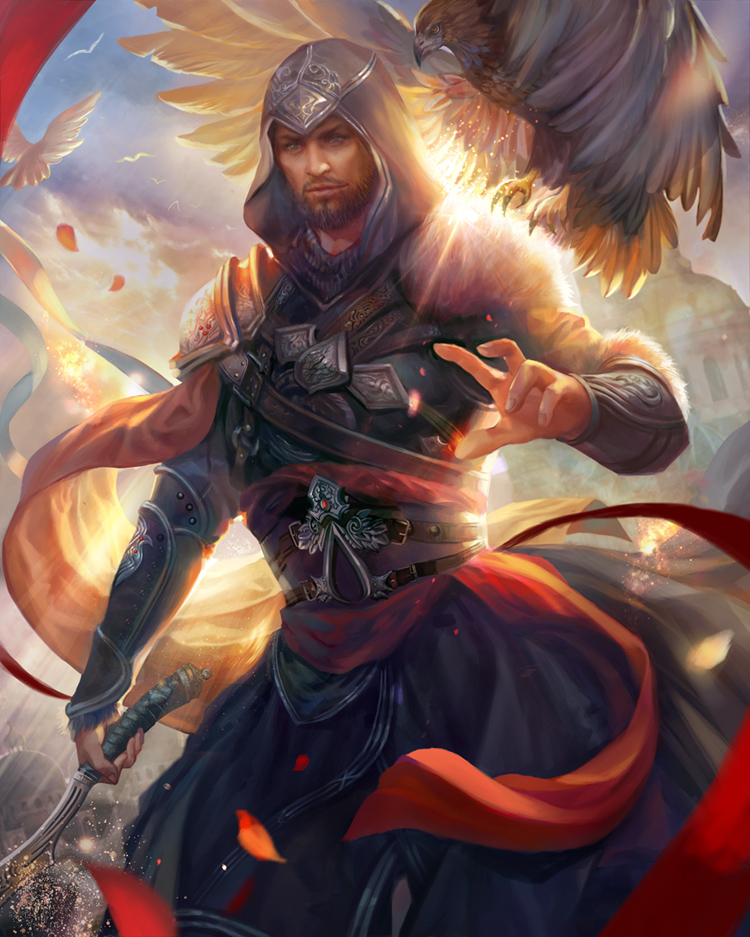 1boy assassin's_creed assassin's_creed:_revelations assassin's_creed_(series) beard bird clouds eagle ezio_auditore_da_firenze facial_hair hood male_focus scarf sky solo weapon yang_fan