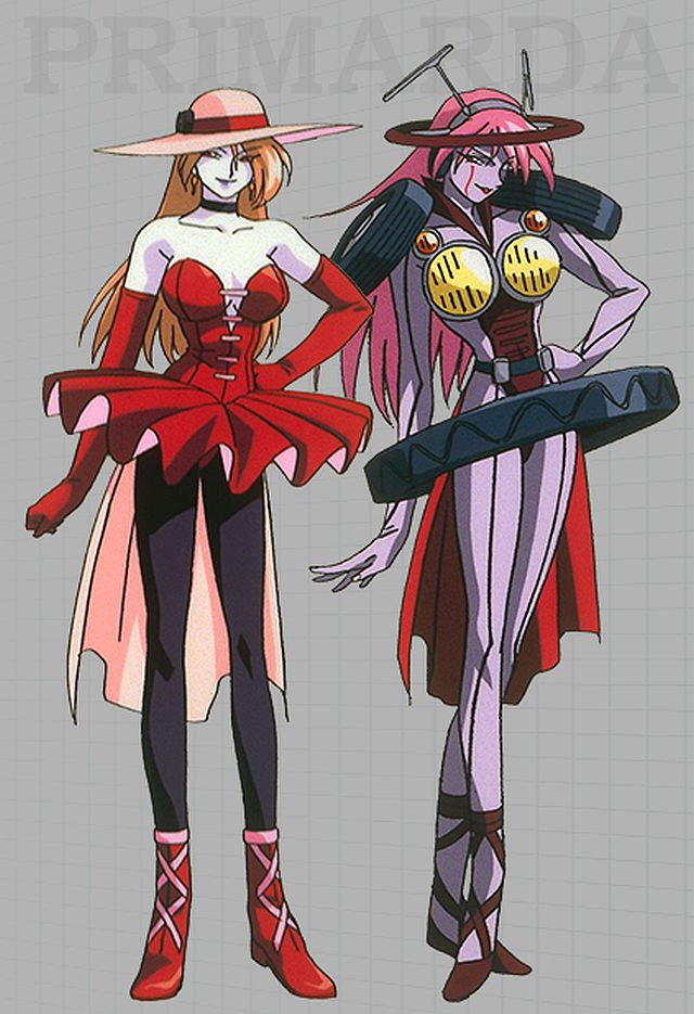 1girl 90s alternate_costume antennae ballerina black_legwear breasts brown_hair character_name cleavage corset dual_persona earrings female gloves hand_on_hip hat headlights large_breasts long_gloves long_hair pink_hair primarda purple_skin red_eyes robot_girl solo steering_wheel tire tutu windshield_wipers yuusha_ou_gaogaigar yuusha_series