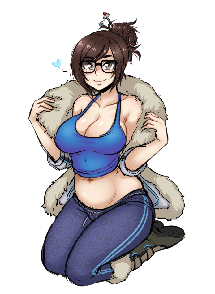 1girl bare_shoulders beads blush breasts brown_eyes brown_hair cleavage coat dsan fur_coat glasses hair_bun hair_ornament hair_stick hairpin heart kneeling large_breasts looking_at_viewer mei_(overwatch) midriff navel open_clothes open_coat overwatch plump seiza short_hair sitting smile solo spewing_mews spoken_heart stomach tank_top