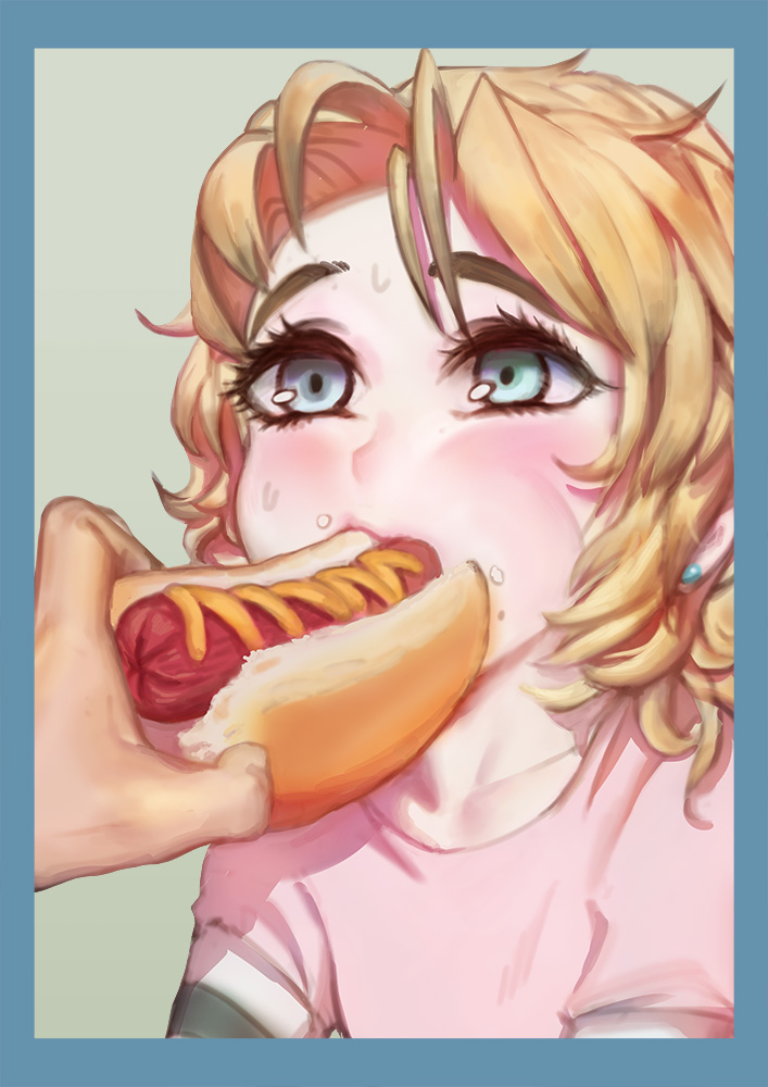1boy 1girl age_difference blonde_hair blush cheek_bulge copyright_request flat_chest food head_out_of_frame hot_dog