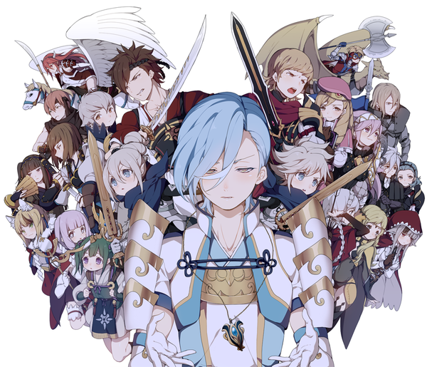 6+boys 6+girls animal_ears armor arrow axe back bandanna beret black_hair blonde_hair blue_eyes blue_hair book bow_(weapon) braid brown_hair cape closed_eyes deere_(fire_emblem_if) dragon drill_hair eponine_(fire_emblem_if) everyone fire_emblem fire_emblem_if foleo_(fire_emblem_if) fox_ears fox_tail gloves green_eyes green_hair grey_hair gurei_(fire_emblem_if) hair_bun hair_over_one_eye hairband hat headband hisame_(fire_emblem_if) ignis_(fire_emblem_if) ingha inha_(ingha) jewelry kanna_(fire_emblem_if) katana kinu_(fire_emblem_if) kisaragi_(fire_emblem_if) long_hair lutz_(fire_emblem_if) mask matoi_(fire_emblem_if) midoriko_(fire_emblem_if) mitama_(fire_emblem_if) multicolored_hair multiple_boys multiple_girls naginata necklace open_mouth ophelia_(fire_emblem_if) orange_eyes orange_hair pegasus pink_hair polearm red_eyes redhead shigure_(fire_emblem_if) shinonome_(fire_emblem_if) siegbert_(fire_emblem_if) simple_background soleil_(fire_emblem_if) sophie_(fire_emblem_if) spear staff sword syalla_(fire_emblem_if) tail twin_braids twintails two-tone_hair velour_(fire_emblem_if) violet_eyes weapon white_background white_hair yellow_eyes