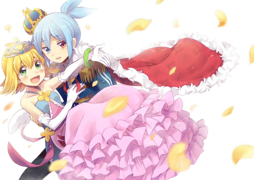 1boy 1girl amitie amitie_(puyopuyo) blue_eyes carrying green_eyes princess_carry red_eyes sig sig_(puyopuyo) smile