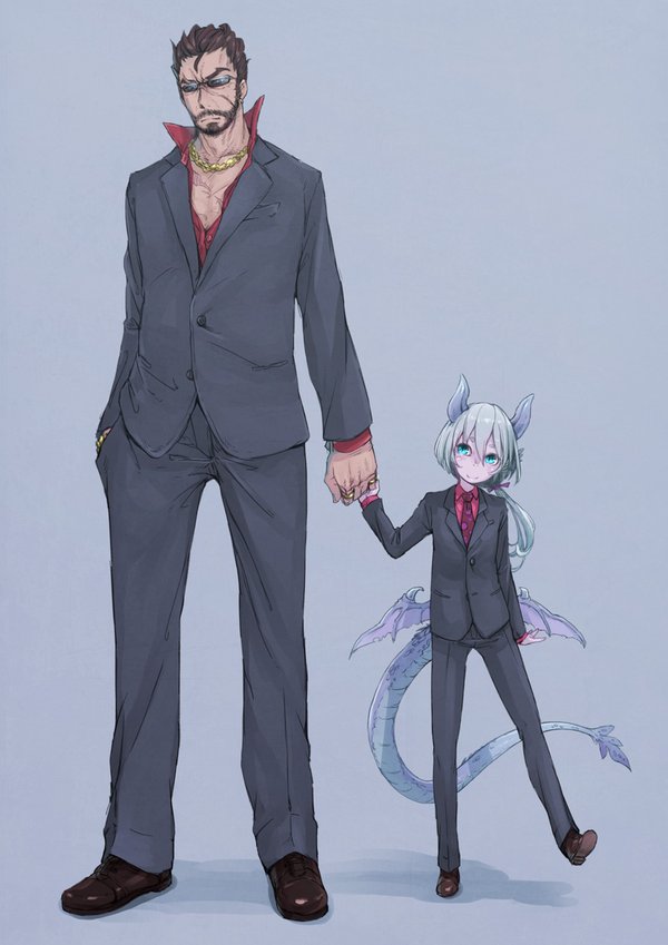 1boy 1girl beard chain_necklace dragon_girl glasses hand_holding hand_in_pocket horns jewelry monster_girl necktie nukomasu original ponytail ring scar simple_background size_difference suit sunglasses tail wings
