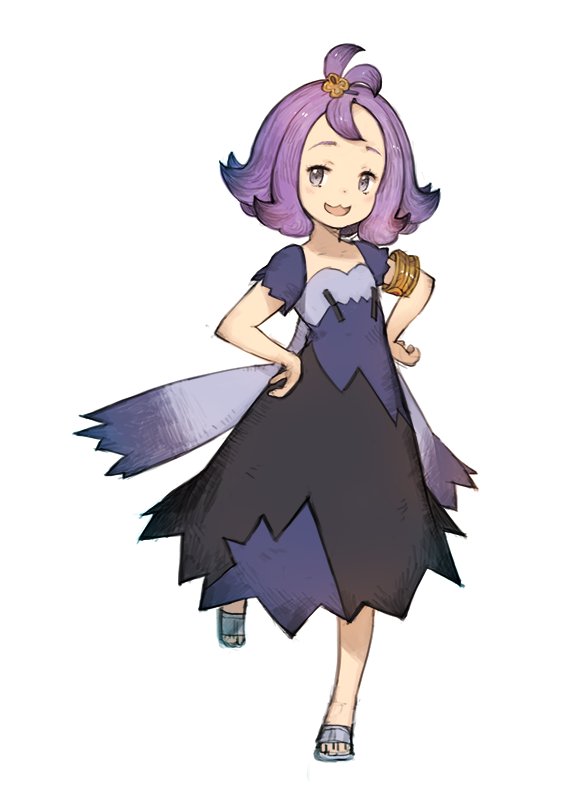 1girl acerola_(pokemon) ahoge armband dress gradient_hair hanarito multicolored_hair patches pokemon pokemon_(game) pokemon_sm purple_hair violet_eyes