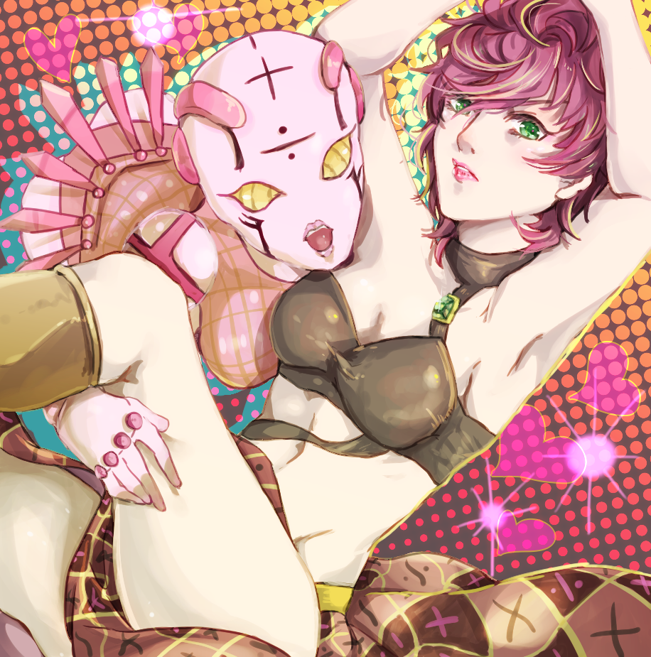 1girl arms_up atmpits bra choker green_eyes halftone halftone_background heart jojo_no_kimyou_na_bouken kuronekos1342 lipstick makeup midriff pink_hair pink_lipstick shiny skirt solo spice_girl_(stand) stand_(jojo) strap trish_una underwear