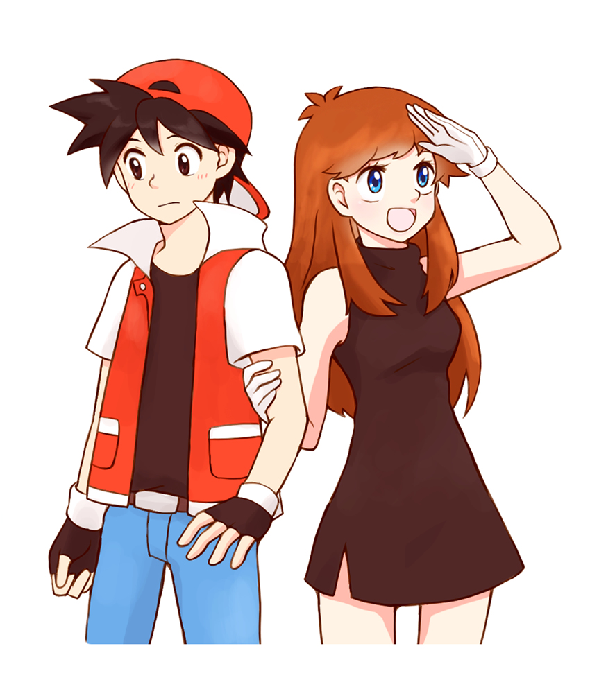 1boy 1girl :d black_dress black_gloves black_hair black_shirt blue_(pokemon) blue_eyes blush brown_hair fingerless_gloves headwear jacket nervous pokemon pokemon_special red_(pokemon) red_eyes red_jacket white_gloves