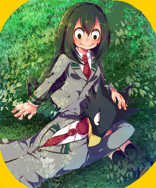 1boy 1girl artist_request asui_tsuyu beak black_hair boku_no_hero_academia grass lap_pillow school_uniform sitting smile tokoyami_fumikage