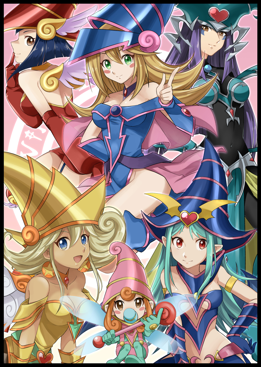 6+girls apple_magician blonde_hair breasts character_request dark_magician_girl downblouse duel_monster large_breasts lemon_magician long_hair looking_at_viewer multiple_girls pentacle smile staff yu-gi-oh! yuu-gi-ou_duel_monsters