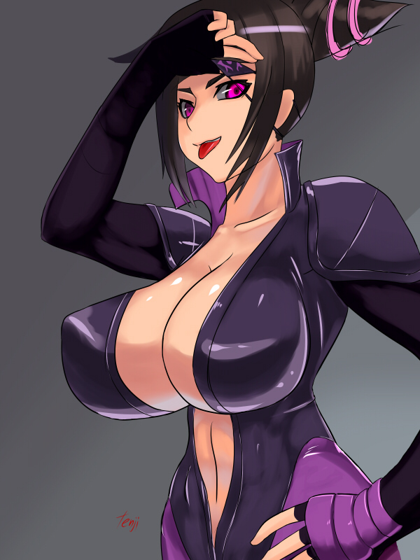 1girl black_hair bodysuit breasts capcom cleavage eyepatch han_juri huge_breasts solo street_fighter street_fighter_v tongue tongue_out twin_drills violet_eyes
