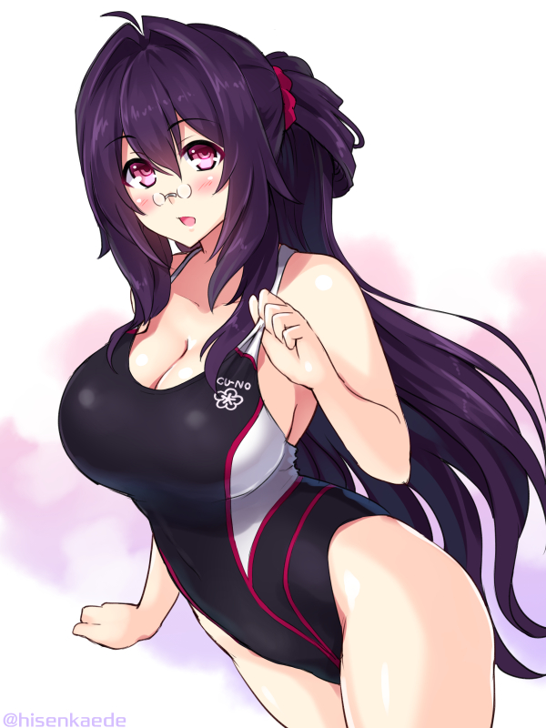 1girl bare_shoulders blush breasts cleavage cu-no glasses kikyou-0423 large_breasts long_hair looking_at_viewer one-piece_swimsuit open_mouth pince-nez purple_hair red_eyes shishou_(cu-no) solo swimsuit
