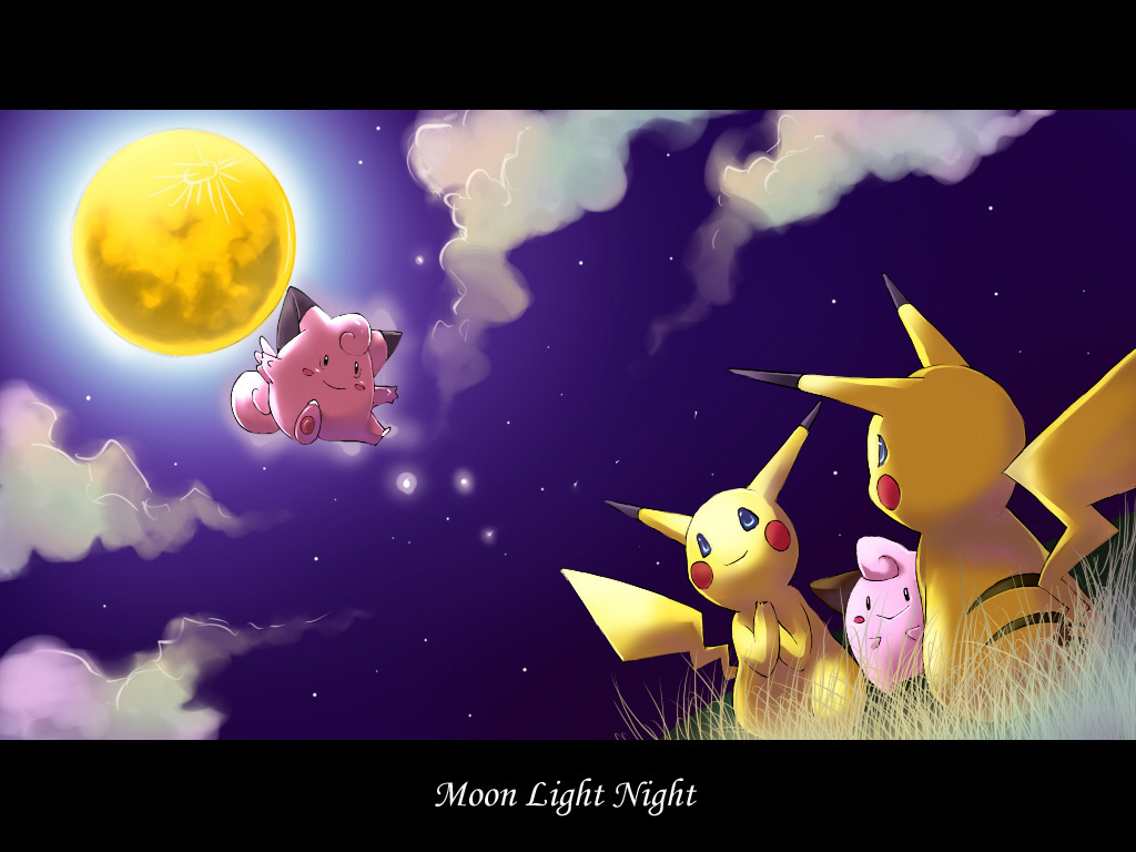 clefairy cleffa clouds grass moon myaaco nature night night_sky no_humans outdoors pikachu pokemon sky stars