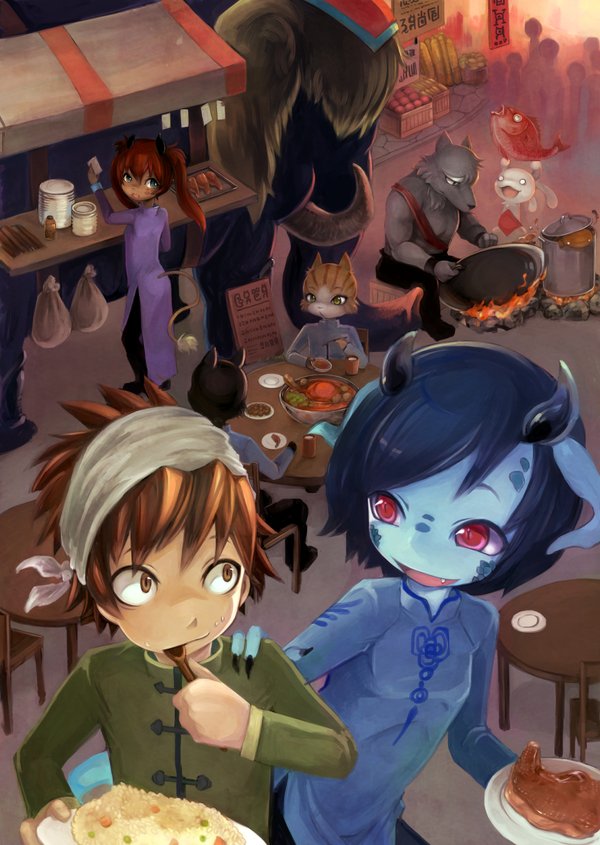 bandaged_head blue_skin chinese_clothes cooking eating fish food furry horns mammoth market meat monster_girl o_o original plate rabbit red_eyes restaurant ruu_bot slit_pupils spoon tail tusks twintails wok