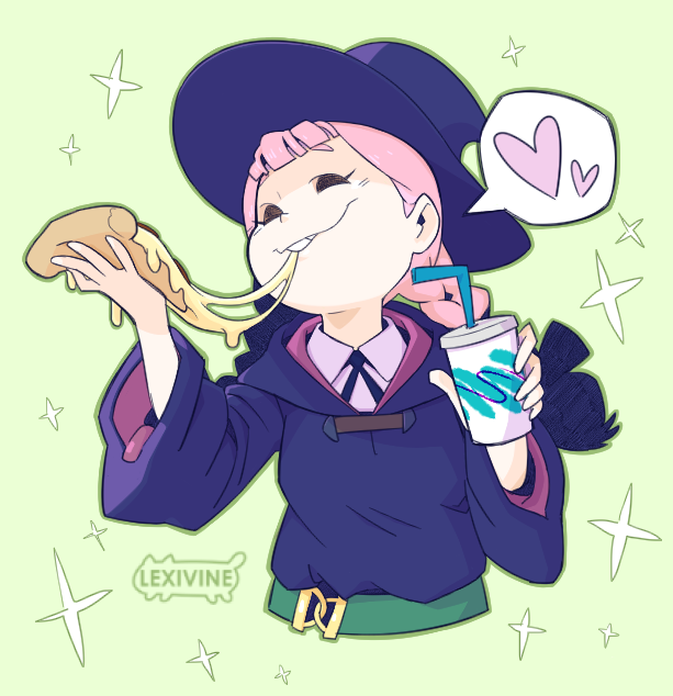 1girl artist_request eating fat food hat heart little_witch_academia pizza solo