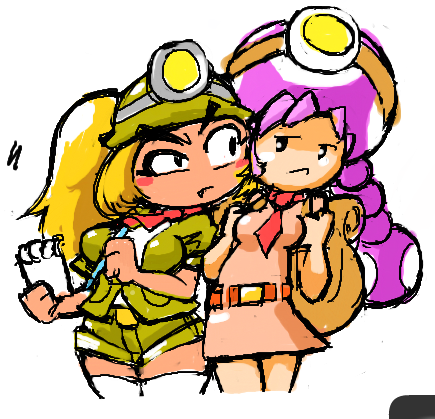 2girls blonde_hair blush dark_skin fang goombella helmet minus8 multiple_girls necktie paper_mario personification ponytail shorts super_mario_bros. toadette white_background wide_hips