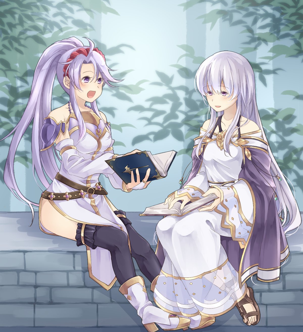 2girls belt black_legwear book bridal_gauntlets detached_sleeves dress fire_emblem fire_emblem:_seisen_no_keifu fire_emblem_heroes high_heels highres holding holding_book long_hair mememefe multiple_girls nintendo no_socks open_book open_mouth parted_lips ponytail purple_hair sandals side_slit sitting tiltyu_(fire_emblem) violet_eyes yuria_(fire_emblem)