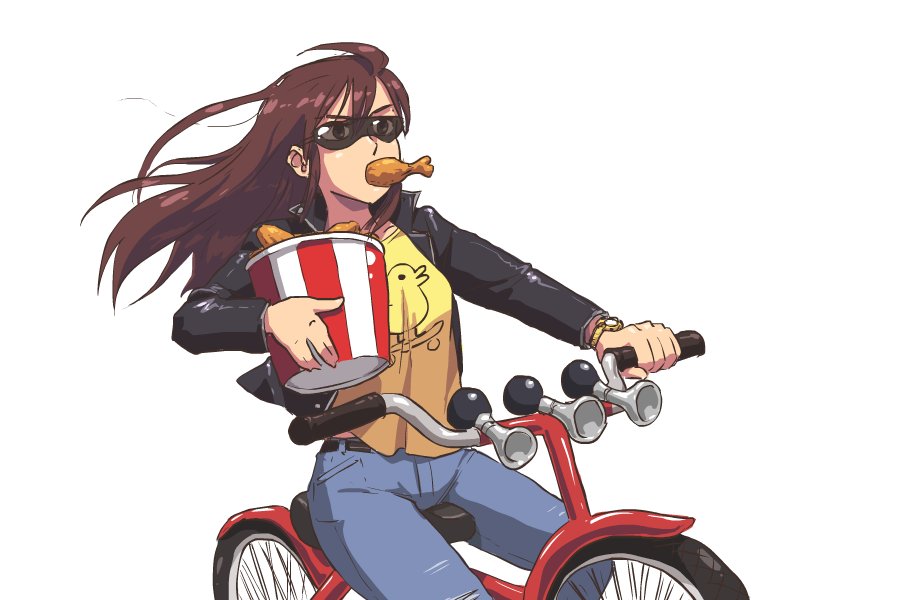 bicycle brown_hair chicken chicken_wing denim food glasses horn jacket jeans john_su leather leather_jacket long_hair pants simple_background sunglasses watch watch white_background
